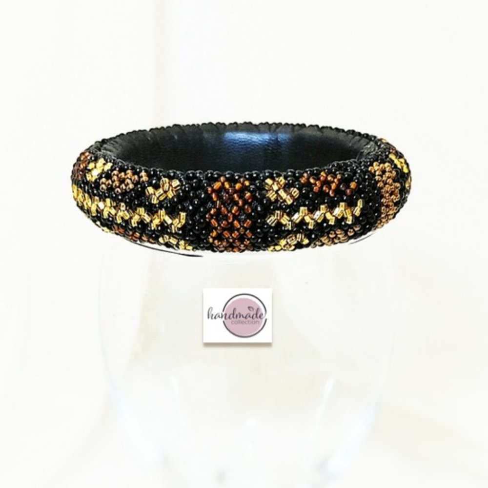 Handmade Bangle (br8) Women Gold Black Bead Leather Bracelet 7.5"